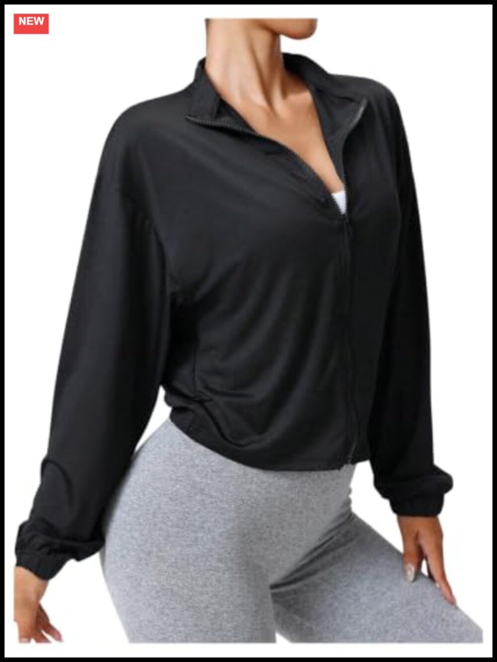 Zip-Up Funnel Neck Running Long Sleeve Crop Jacket with Four-Way Stretch